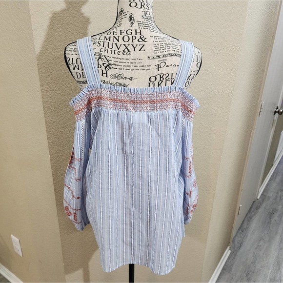 Rafaella cold shoulder embroidered floral striped boho shirt size large - Picture 5 of 8